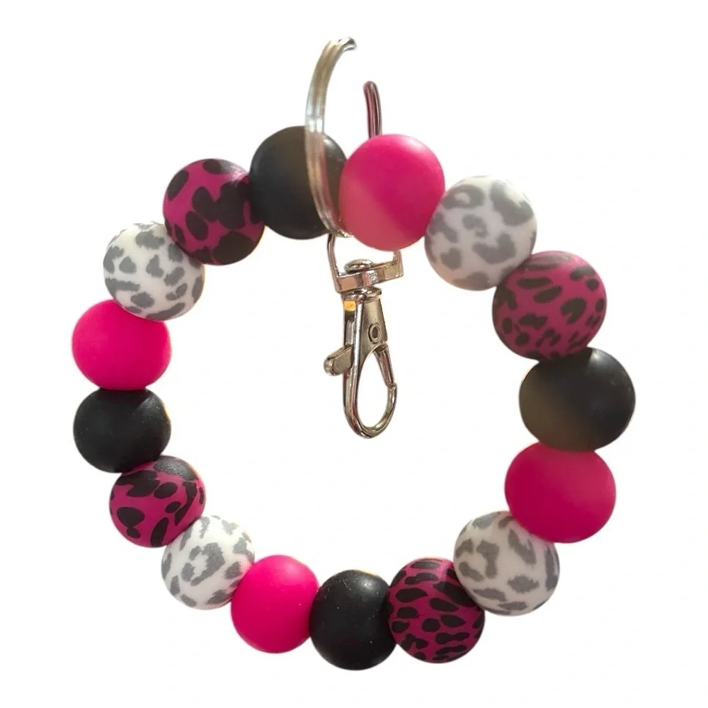 Pink & Leopard Beaded Bracelet Keychain